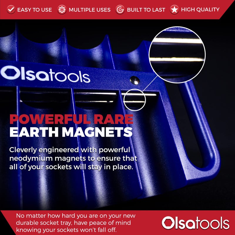 Olsa Tools Magnetic Portable Socket Organizer Tray - 1/2-Inch Drive - Blue Holder for Deep & Shallow Sockets - Fits up to 1-3/16" SAE or 30mm Metric - Quality Product for Professionals - Part 1080 - Image 4
